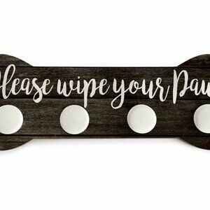 Dog Leash Holder Wall Hook Rack Please Wipe Your Paws Wood Farmhouse 14”-HD173